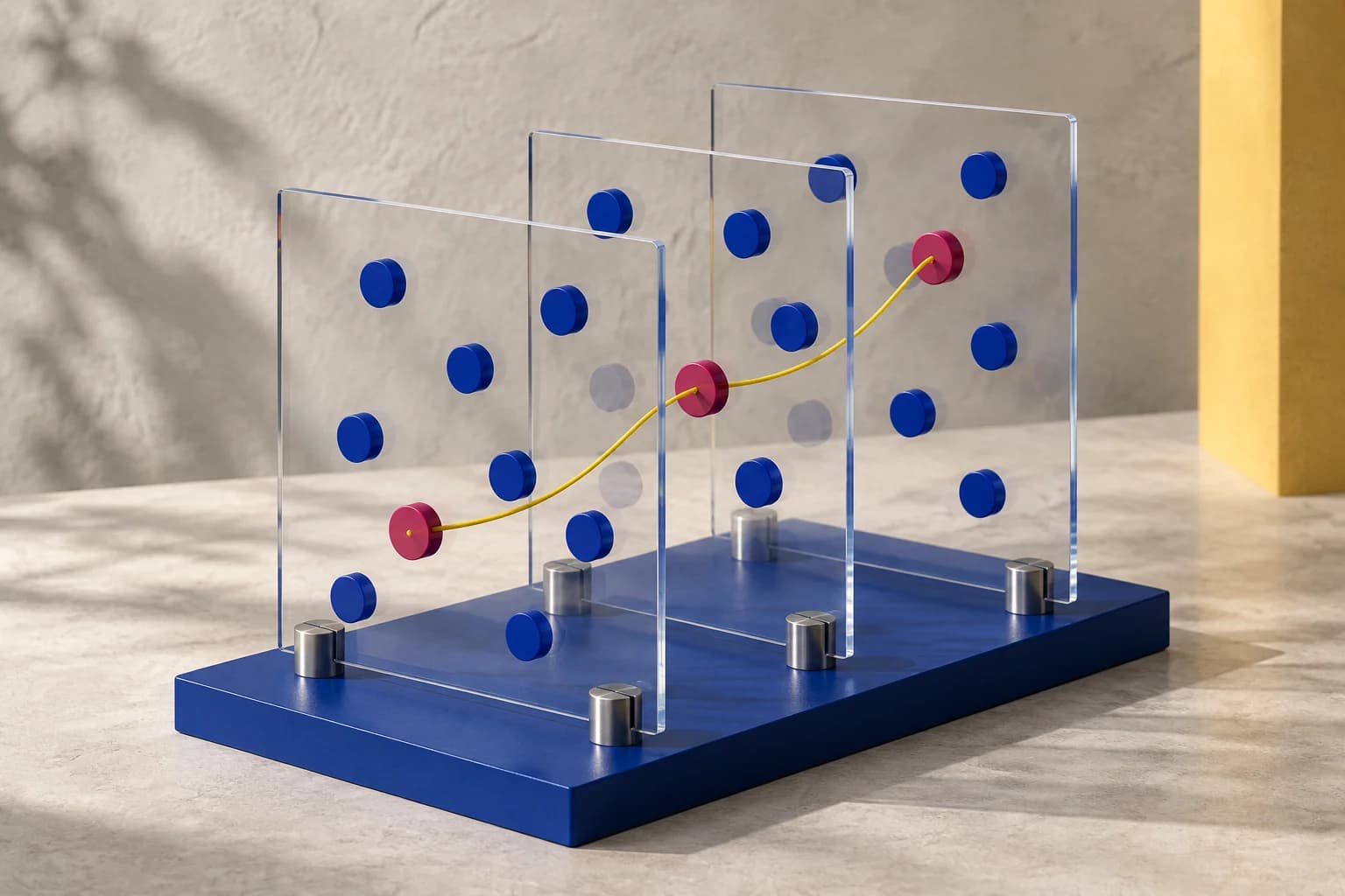 Three transparent acrylic sheets with blue and magenta discs; a yellow thread connects the highlighted discs.