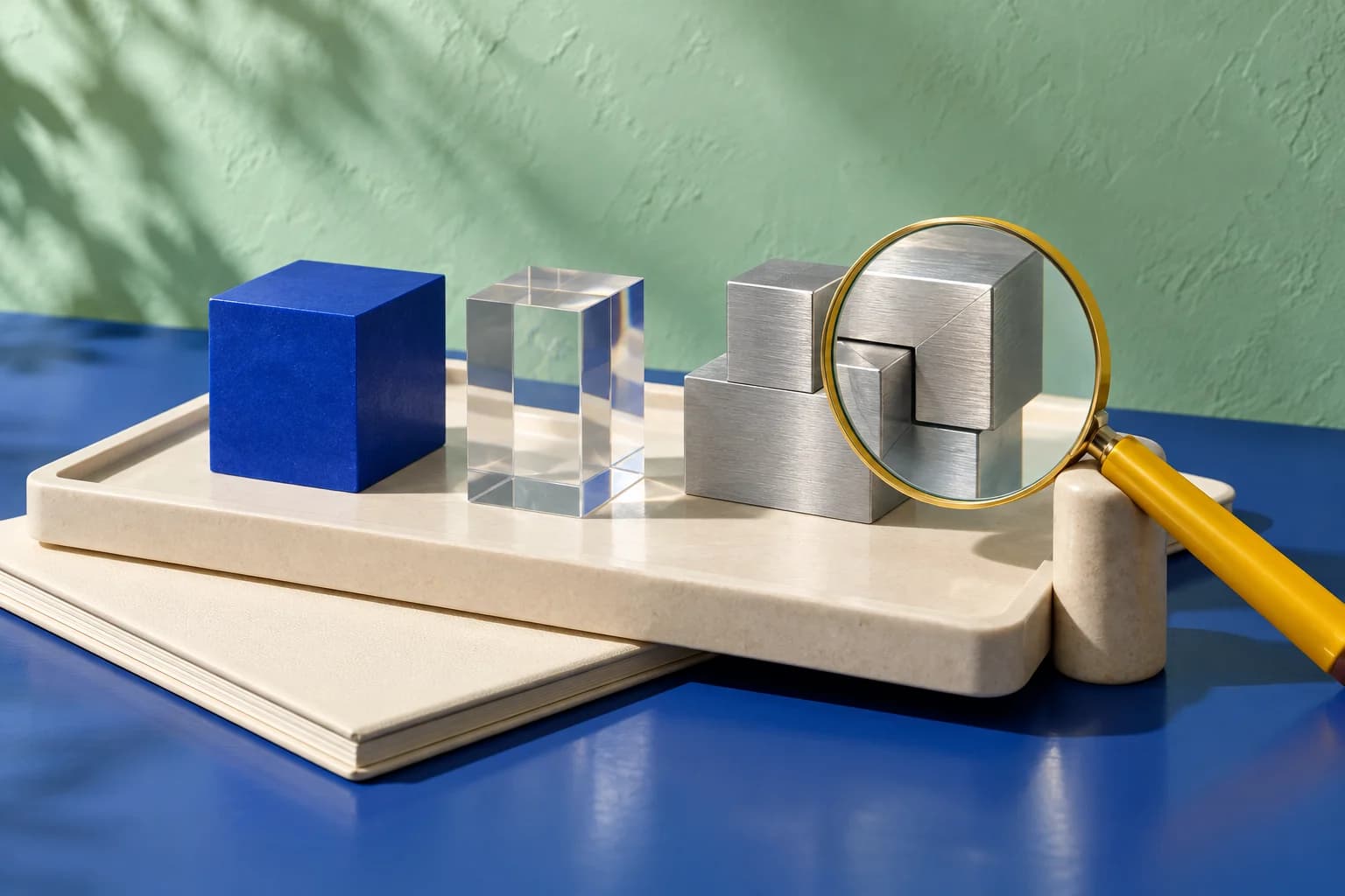 Blue, acrylic and metal specimens on a cream tray, with a yellow magnifying glass focusing on a metal joint.