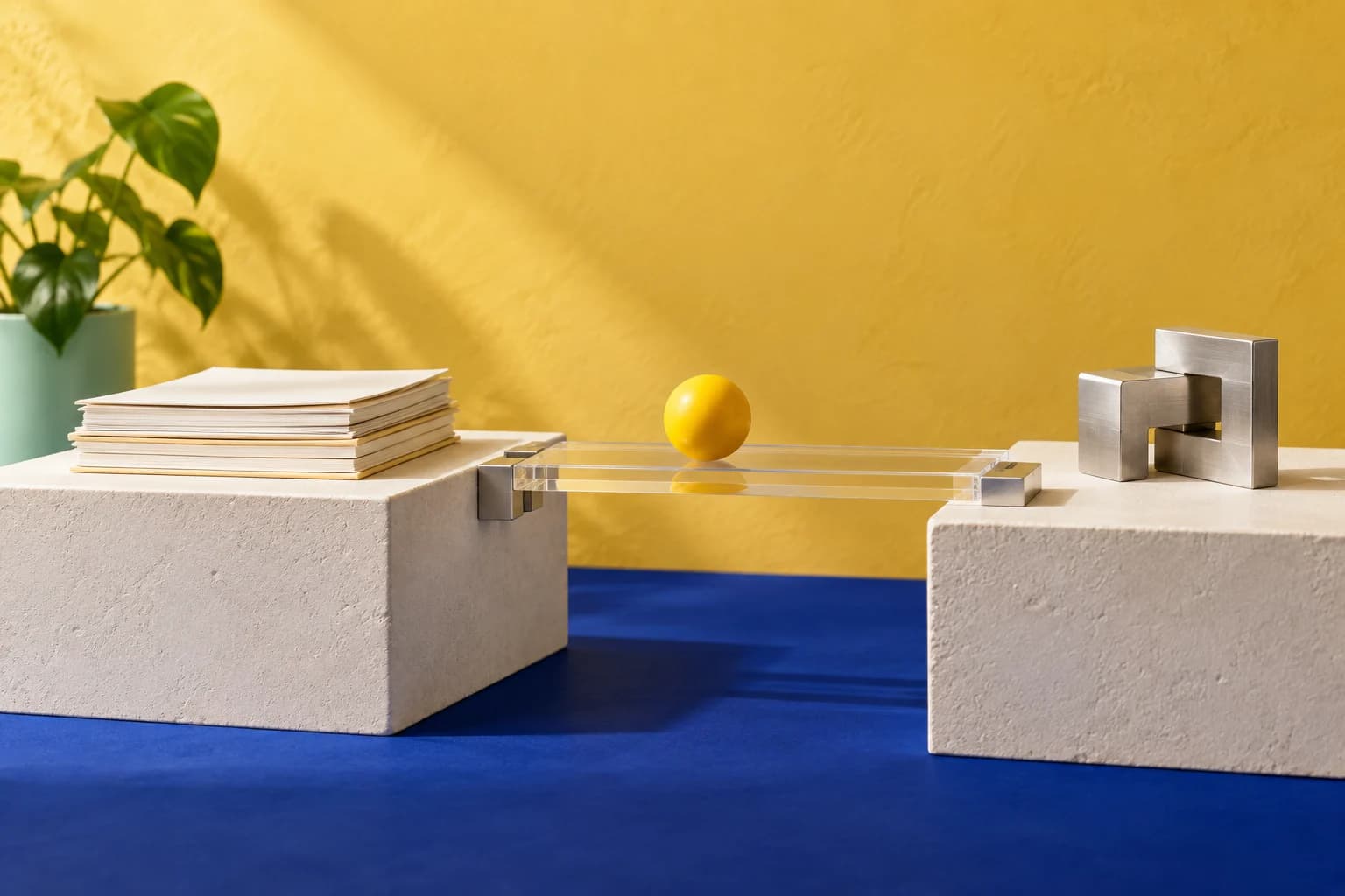 A transparent bridge connects a stack of papers to a metal joint, with a yellow sphere on the bridge.