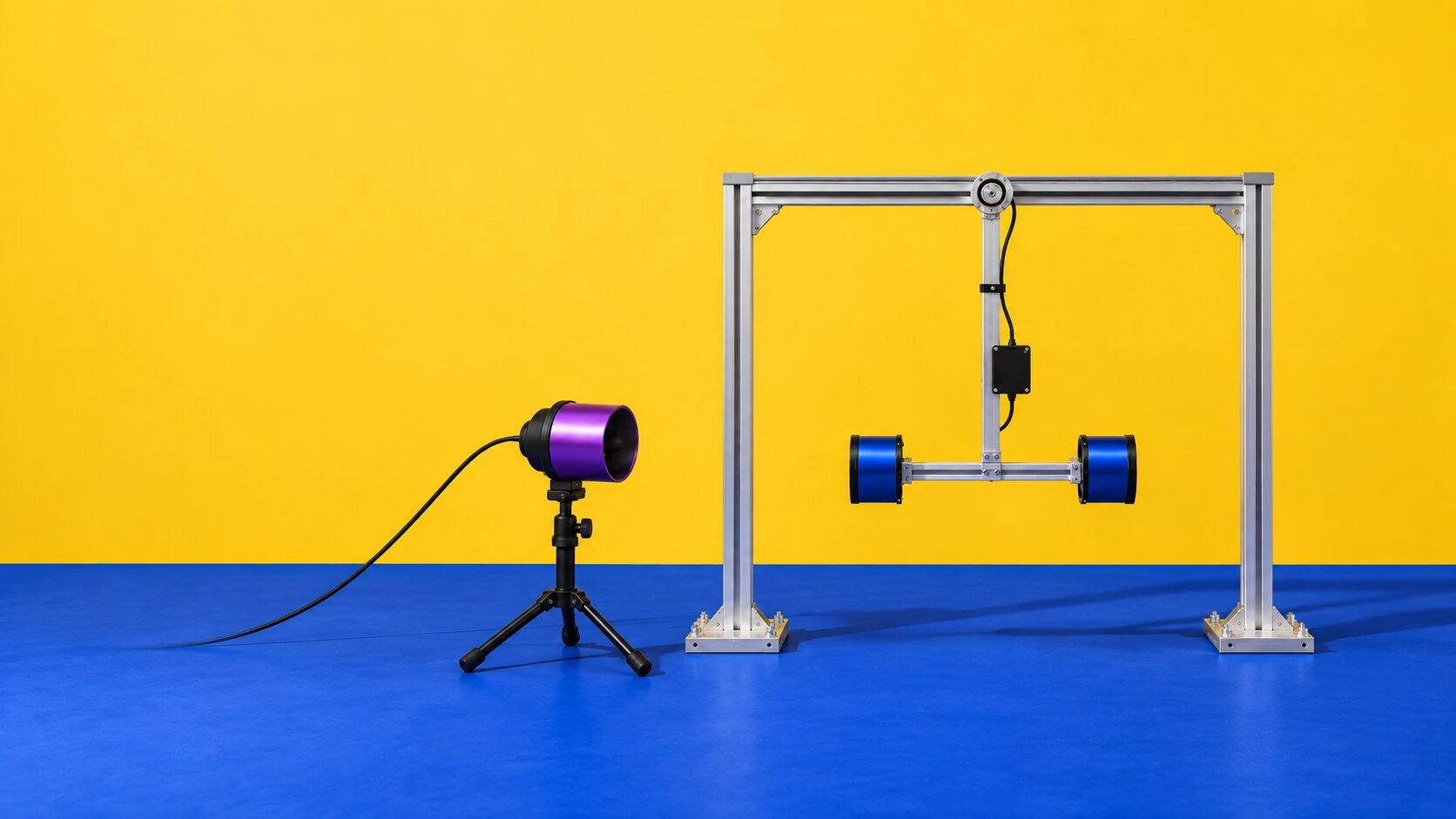 Test rig 07-B: an arm with two blue rotors inside an aluminium frame, with a camera in front.