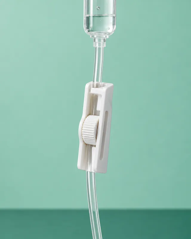The roller clamp on an infusion tube against a mint-green wall.