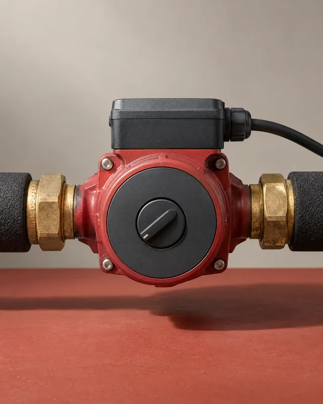 A red circulation pump between two insulated pipes.