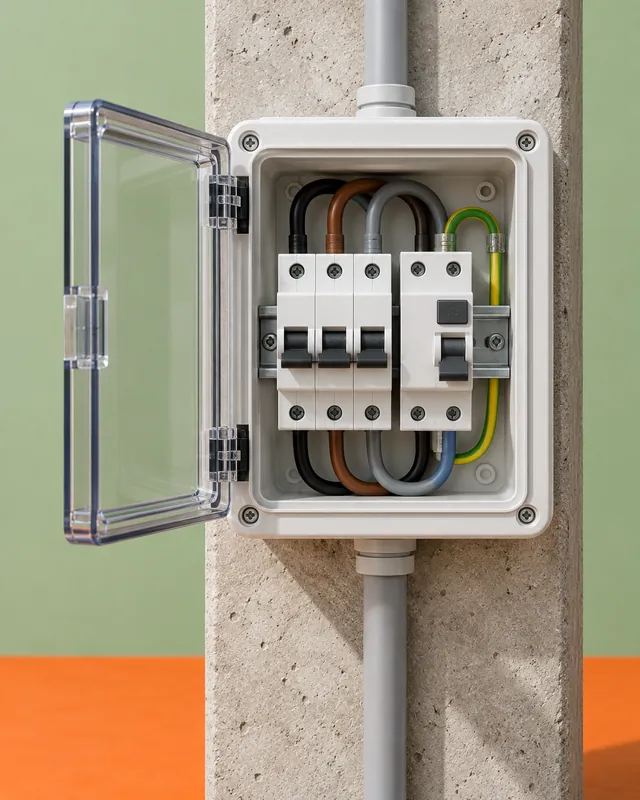 An open distribution board with circuit breakers on a concrete wall.