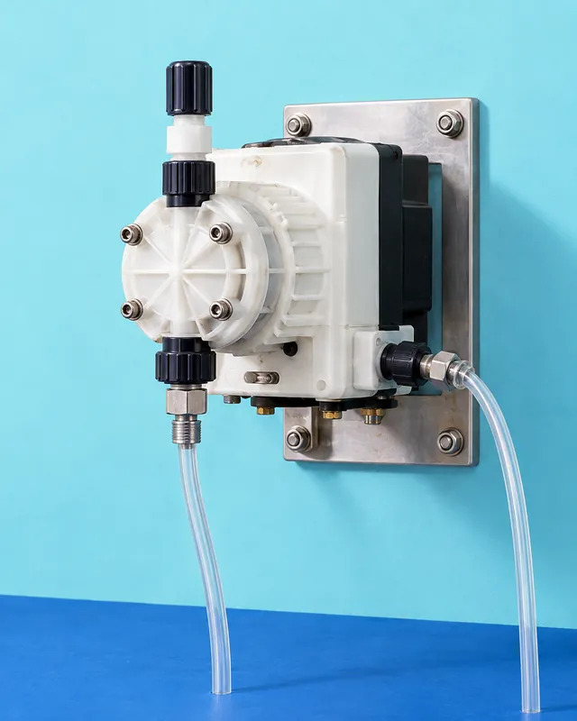 A dosing pump on a waterworks wall, light-blue wall.