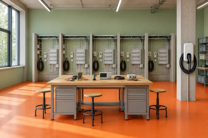 A teaching workshop with workstations and control cabinets.