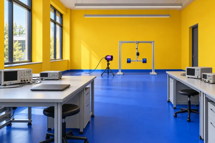 A bright laboratory with workstations.