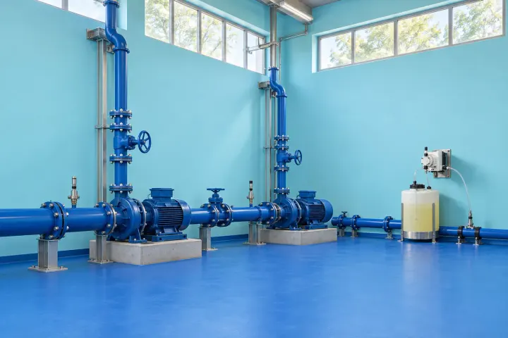 A bright pump hall with blue pipework.