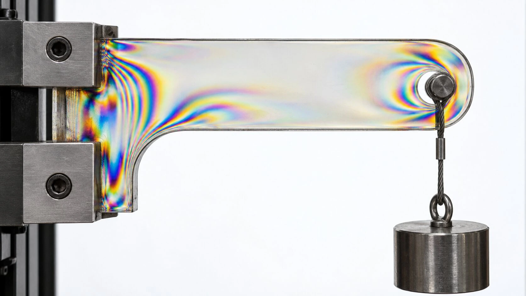 A clamped transparent plastic bracket supports a weight. Under polarised light, colourful stripes cluster near the clamp.