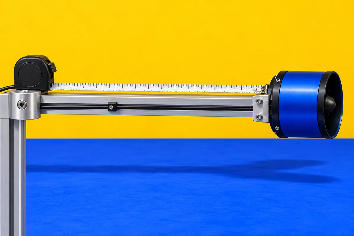 The test rig arm with a rotor at its end; a tape measure shows the distance from the axis to the rotor—the lever arm.
