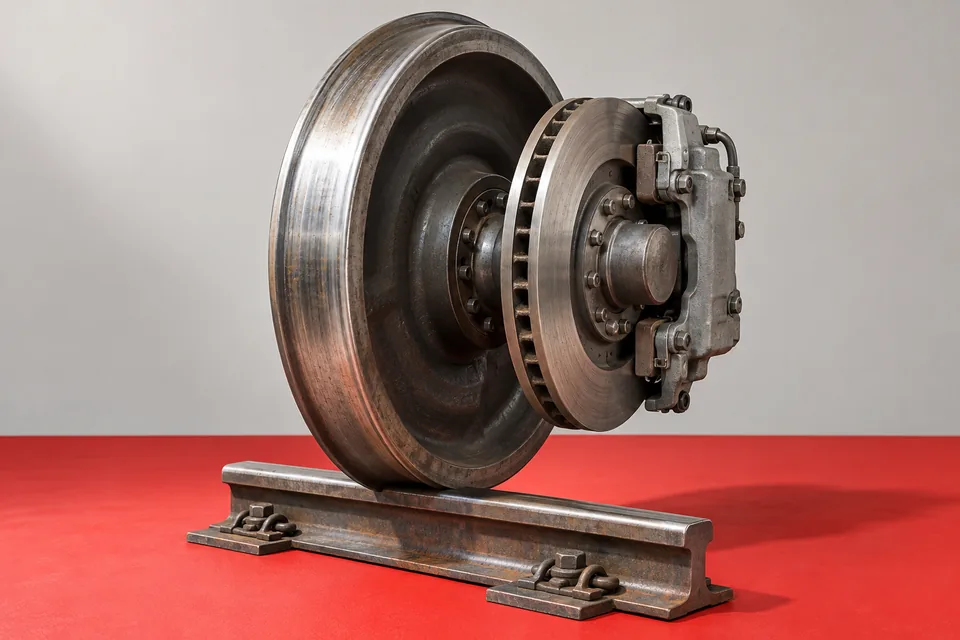 Ein Eisenbahnrad mit Bremsscheibe und Bremszange auf einem Stück Schiene.