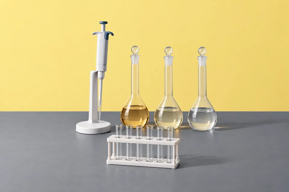 Eine Pipette neben drei Messkolben mit immer blasserer Lösung.