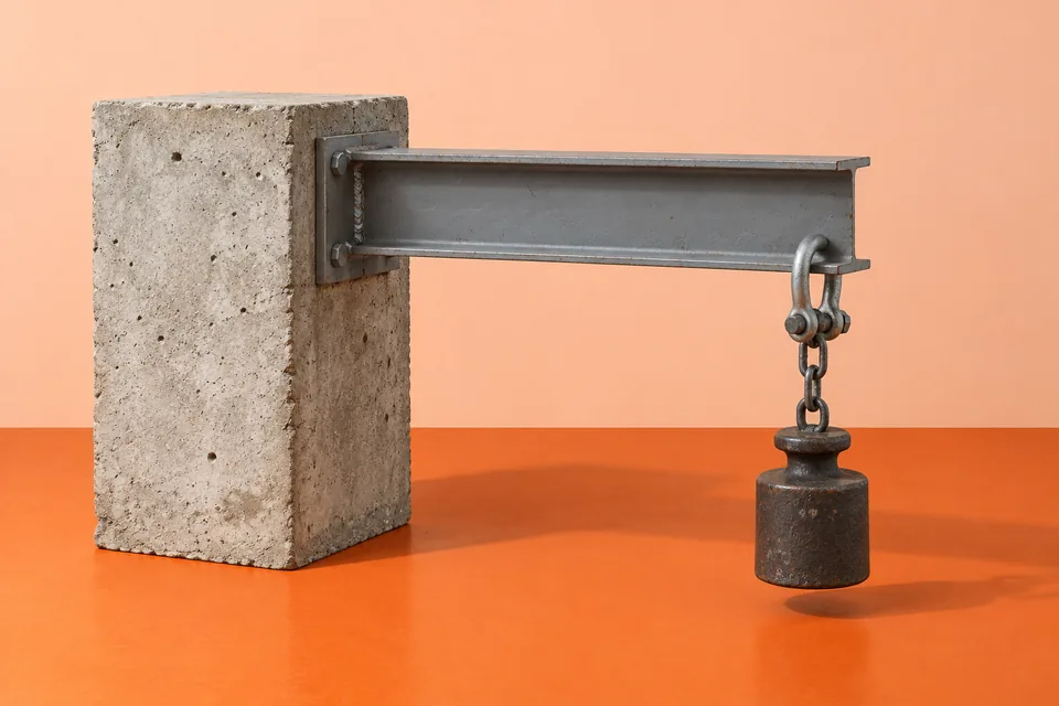 Ein Stahlträger ragt aus einem Betonblock, an seinem freien Ende hängt ein Gewicht.