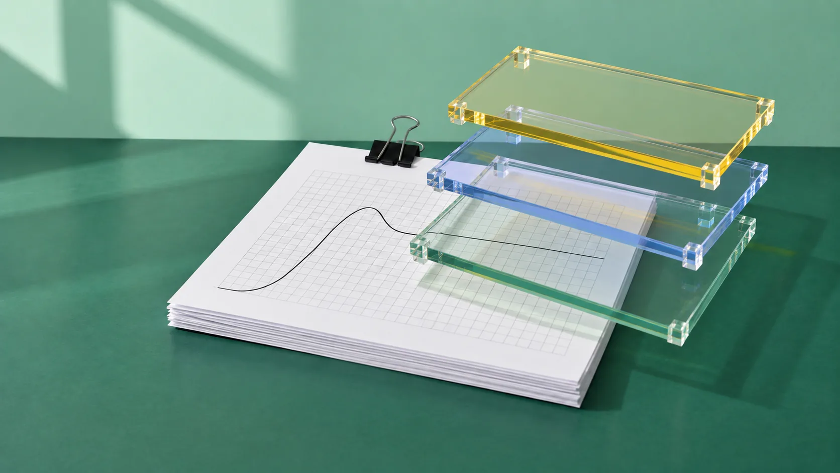 Three clear acrylic sheets in green, blue and yellow float above printed course pages.
