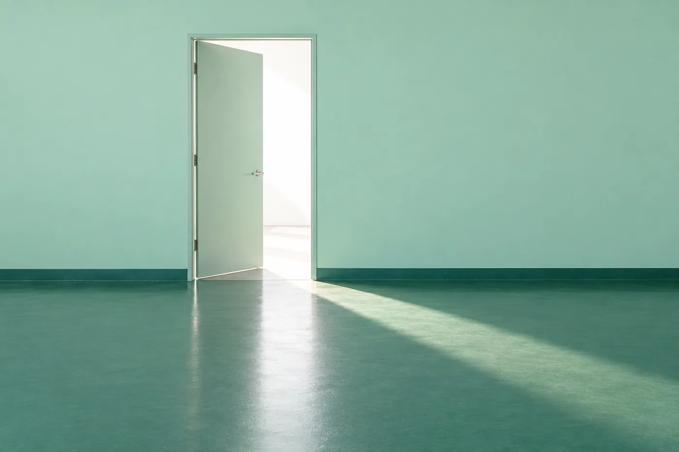 An empty room with a mint-green wall and dark-green floor; an open door lets light in.
